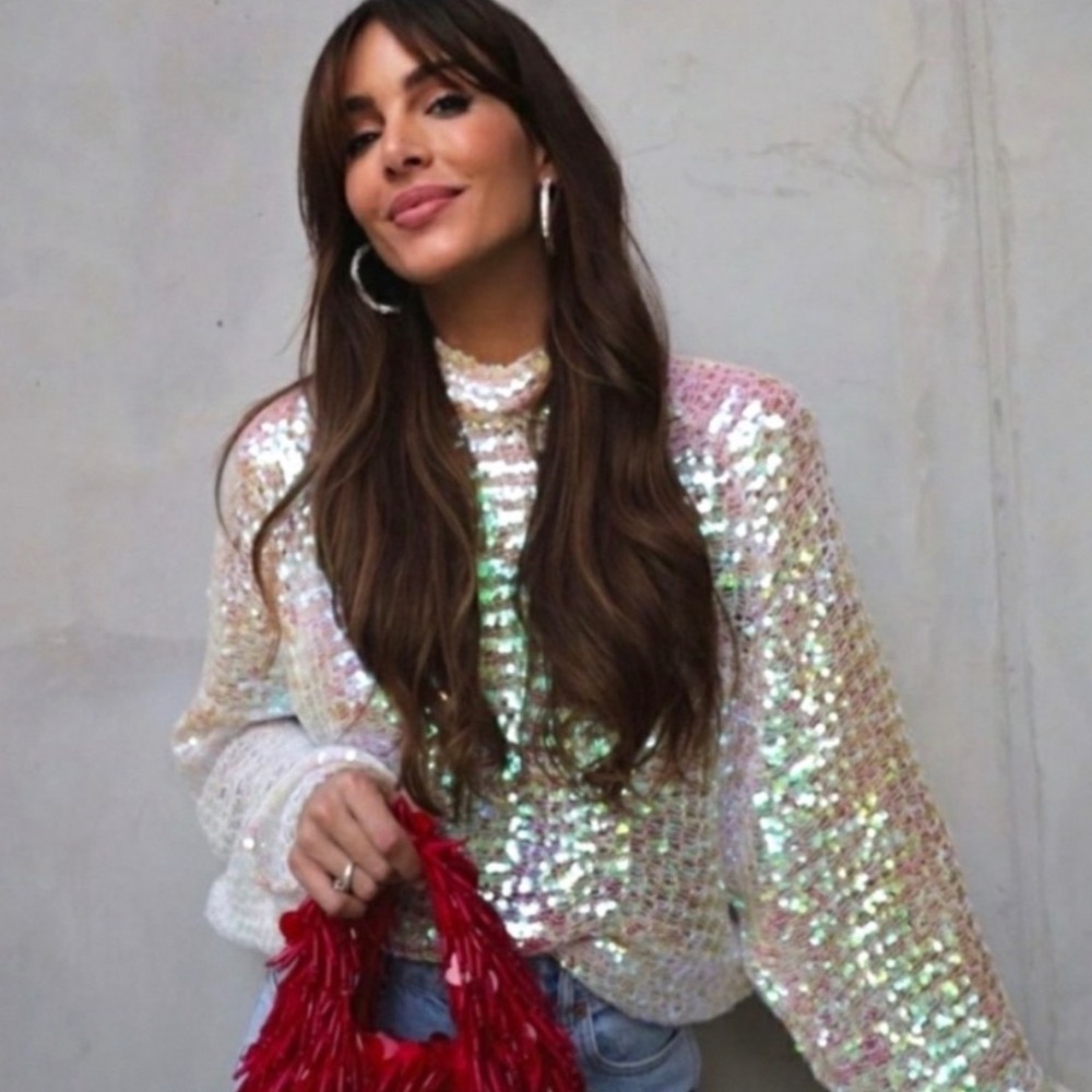 Zara Sequin High Neck Top XL Iridescent Long Sleeve Party Blouse